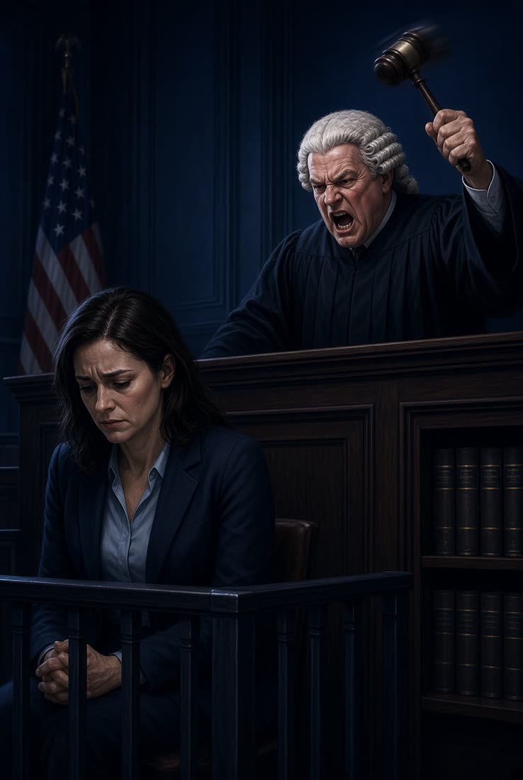 A judge bringing down the gavel while a business owner sits in the dock with her head down