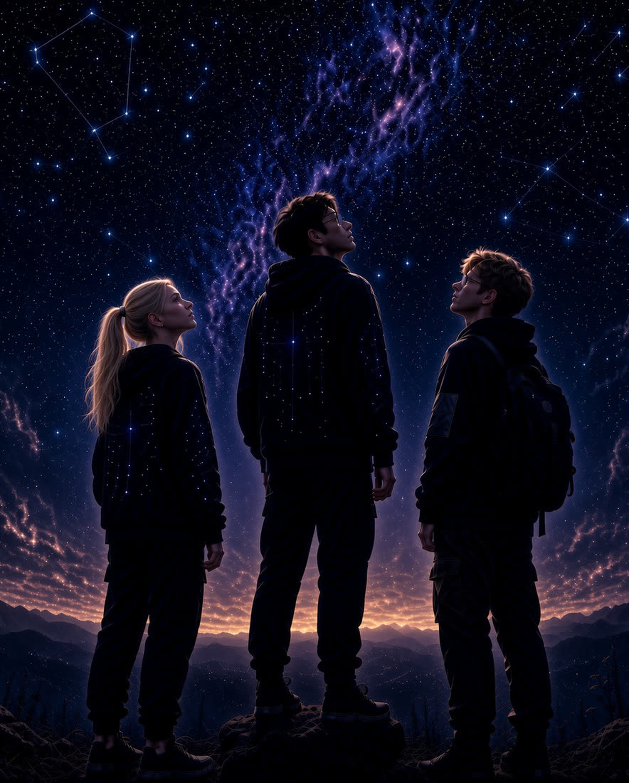 Three people standing on a ridge, looking up at a sky full of stars