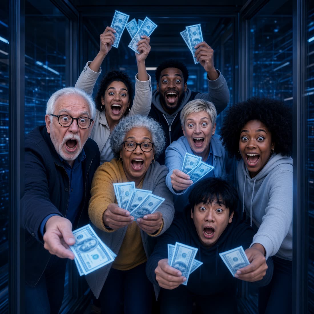 A group of customers holding out cash toward the camera in a blue-lit data center corridor