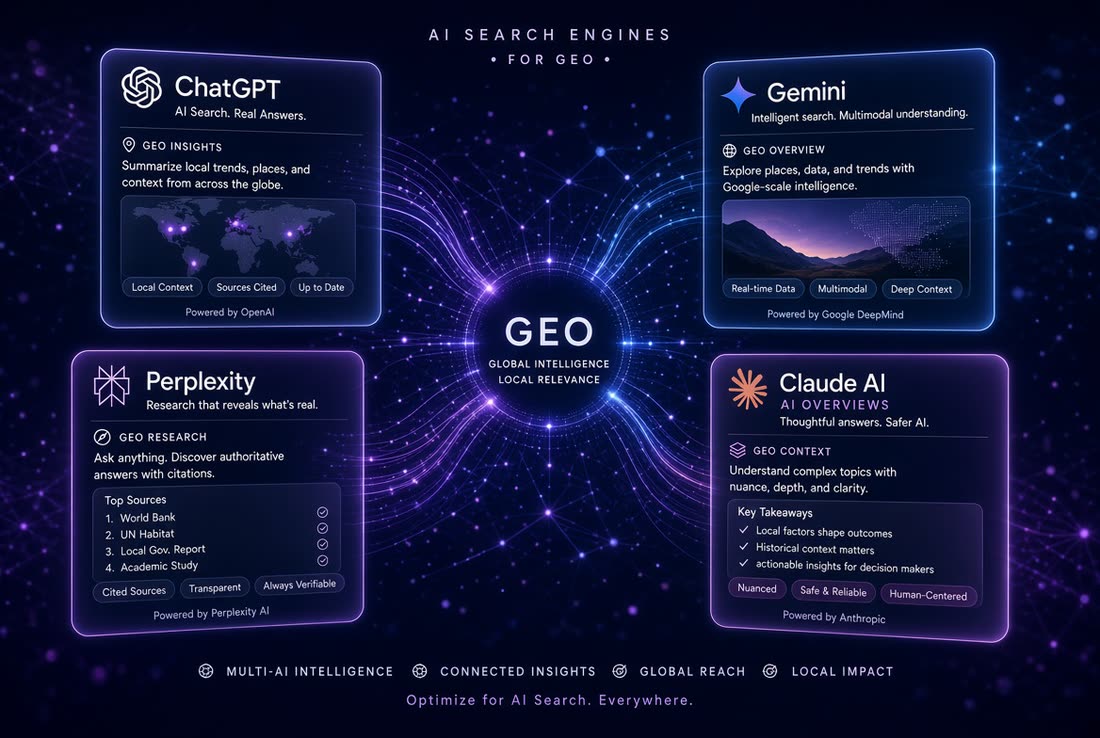 Panels representing ChatGPT, Gemini, Perplexity and Claude AI search engines