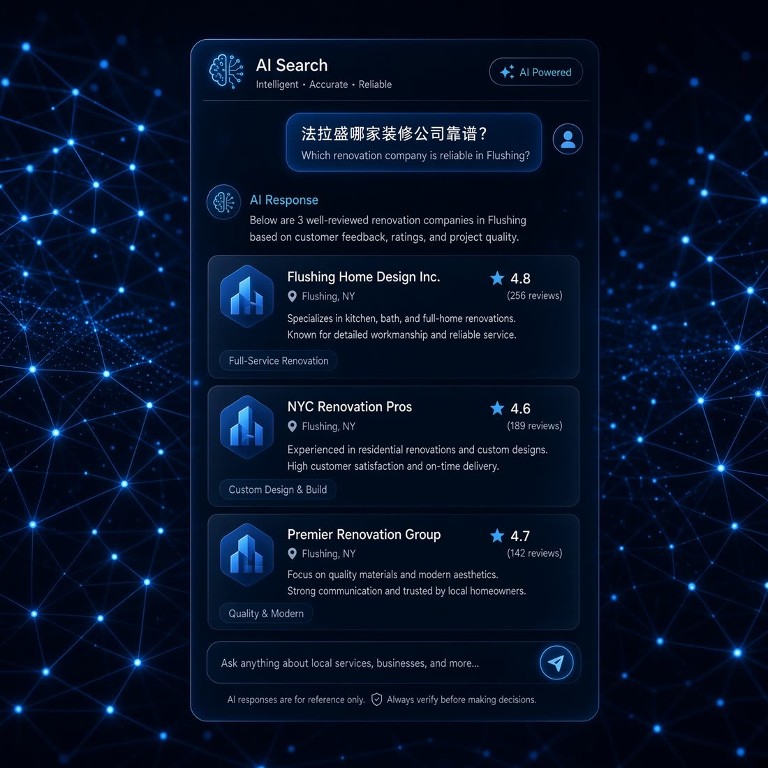 An AI search interface answering “which renovation company is reliable in Flushing?” with three named companies