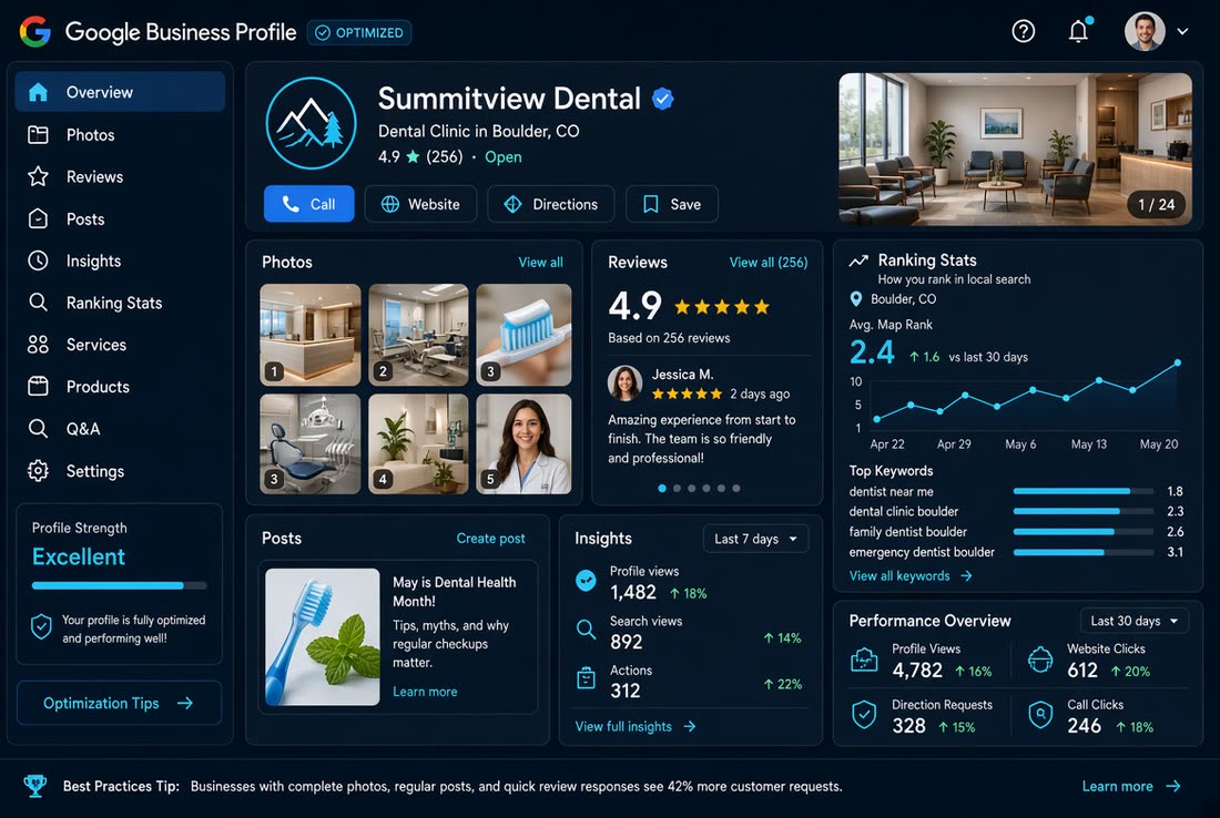 Google Business Profile management interface for a local practice