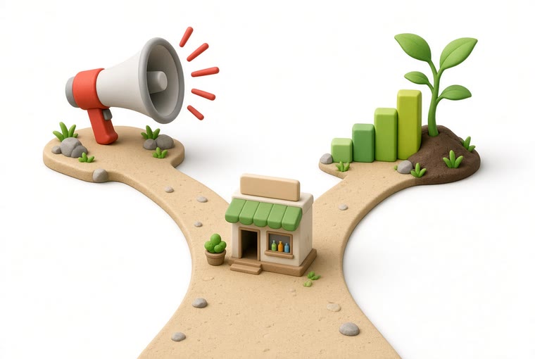 A forked road — a megaphone for ads on one side, bar charts growing out of soil with a seedling for organic ranking on the other, a small shop in between