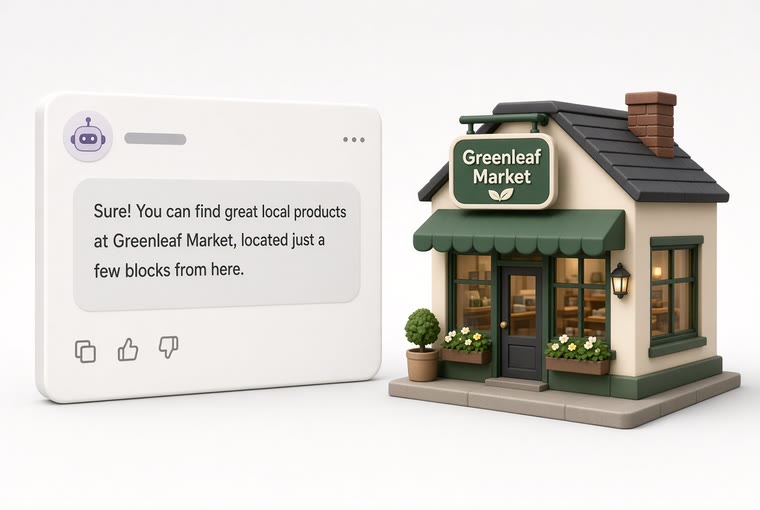 An AI chat recommending a local shop, with that shop’s storefront right beside it