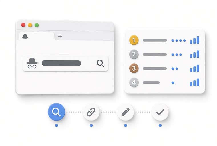 A search run in an incognito window, a ranking list with strength bars, and a four-step flow: search, copy link, note, verify