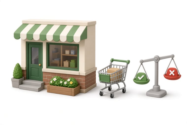 A small storefront and a shopping cart beside a scale weighing a tick against a cross