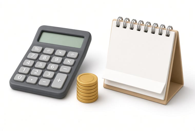 A calculator, a stack of gold coins and a desk calendar, set out to work out a monthly ad budget
