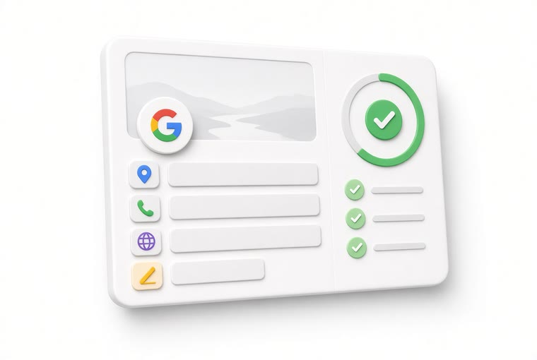 A Google Business Profile card with address, phone, website and category filled in and ticked, next to a completeness ring