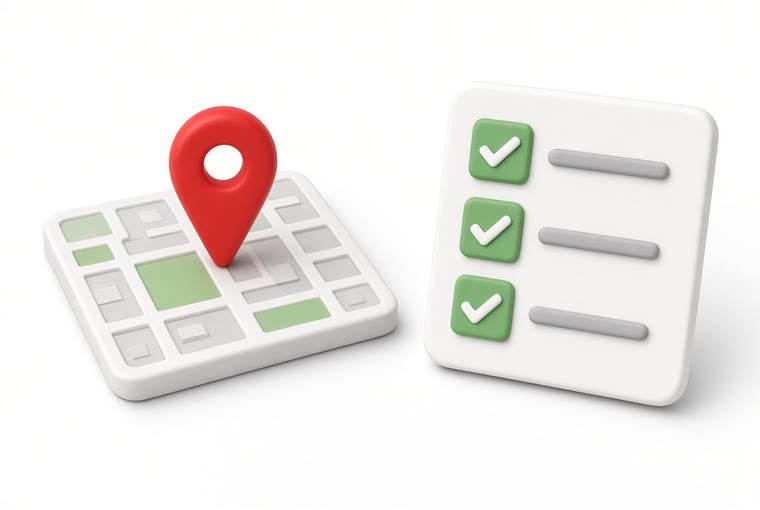 A red pin dropped on a street map next to a checklist being ticked off item by item