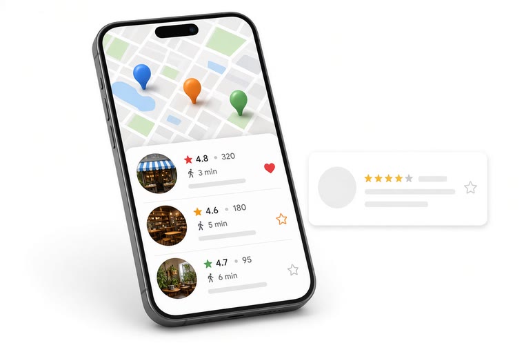 A phone map with three shop pins and only three rated businesses listed beneath