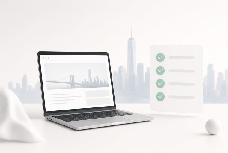 A laptop showing a New York business website, the city skyline behind it, next to a checklist with green ticks