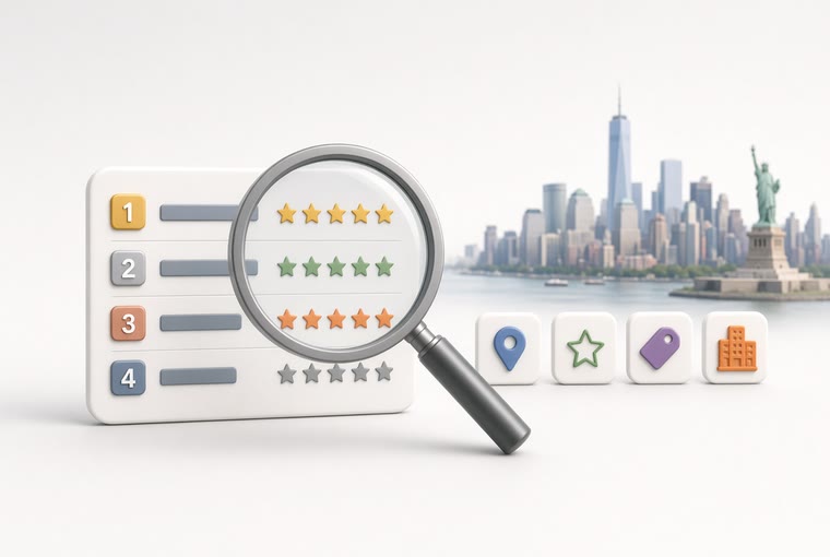 A magnifying glass over a star-rated ranking list, with the New York skyline and the Statue of Liberty behind
