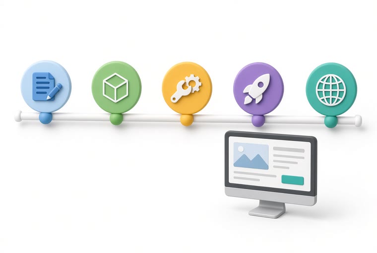 A five-step timeline from planning and building to testing and launch, ending at a computer showing the finished site