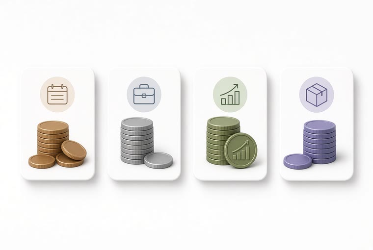 Four cards, each with a stack of coins and an icon — calendar, briefcase, growth chart, package — for four ways SEO gets billed
