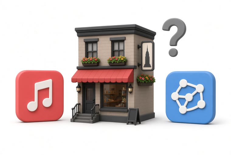 A New York street-corner shop with a social media icon on either side and a question mark hanging above