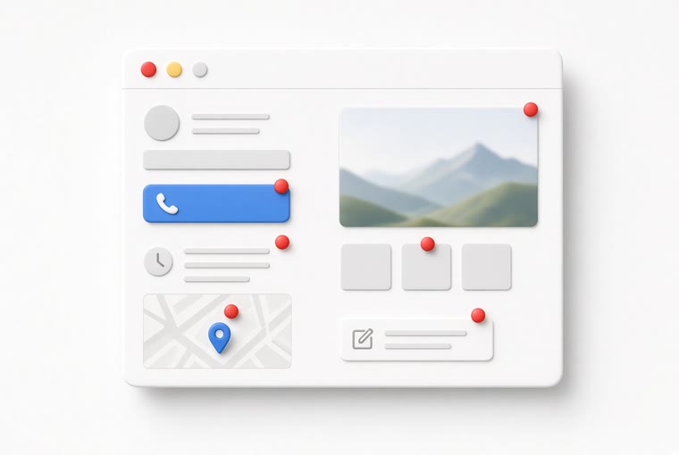A web page with six red pins marking trouble spots — the call button, the map, the images, the text blocks