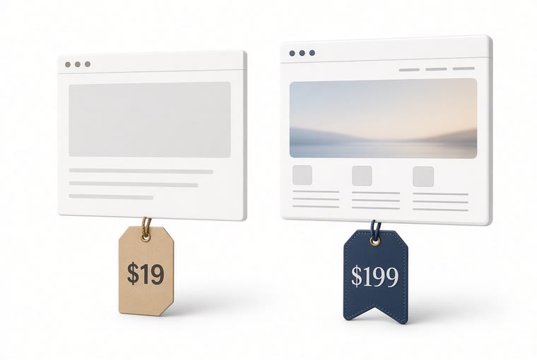Two website mockups with price tags, one $19 and one $199, the difference in depth plain to see