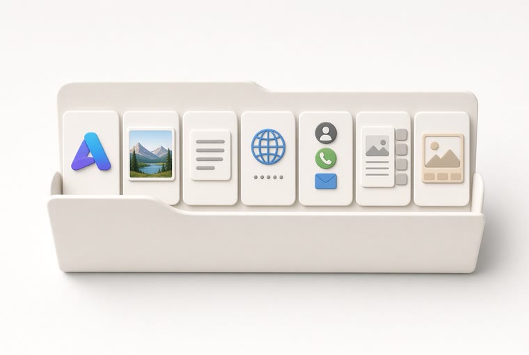 A file holder with seven tabbed cards — logo, photos, copy, domain, contact details, listing and images