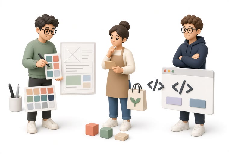 Three people side by side — a designer holding colour swatches and a wireframe, a shop owner with a tablet, a developer holding a code window