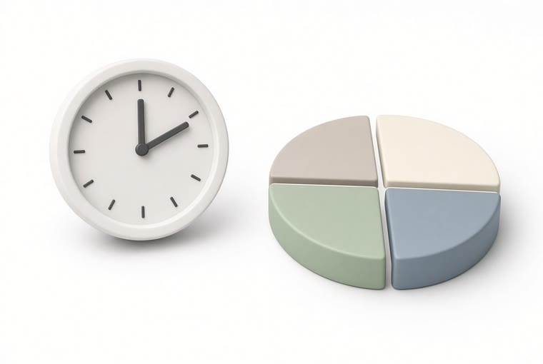 A wall clock beside a pie chart split into four slices, showing where the build time goes