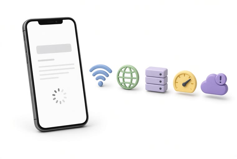 A phone stuck on a loading spinner, beside Wi-Fi, network, server, speedometer and cloud-warning icons