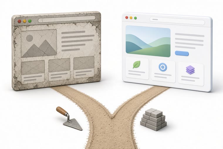 A forked road — a cracked old website with a trowel on one side, a fresh new site with neatly stacked bricks on the other