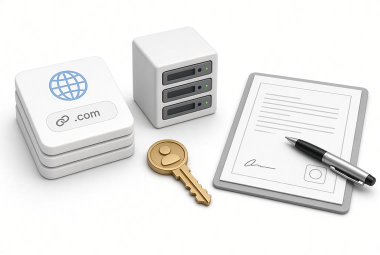 A .com domain card, a hosting server and a key beside a signed contract