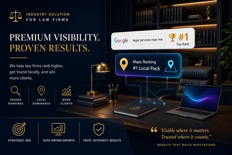 Law firm office with search ranking overlay