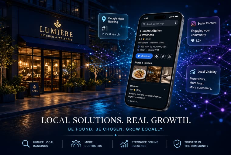 Restaurant exterior at night with a local listing card beside it