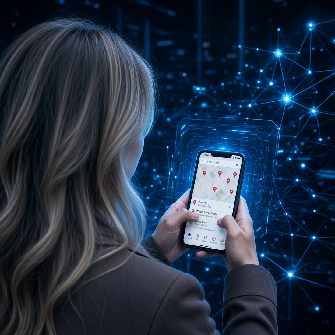 A woman looking at a maps app on her phone listing nearby businesses, against a glowing data network