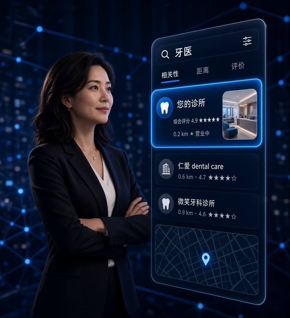 A business owner beside a search results panel where her own clinic holds the top position