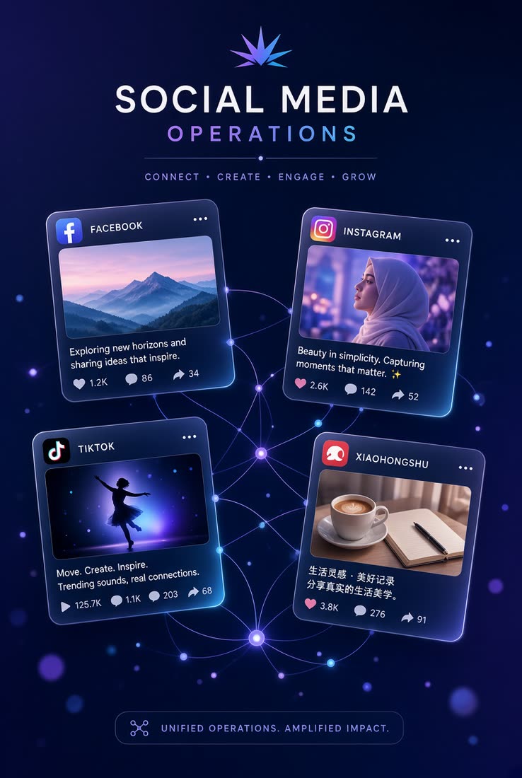 Social media operations overview with content panels