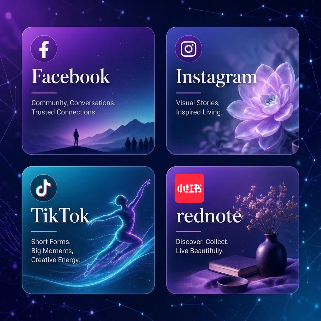 Brand content panels for Facebook, Instagram, TikTok and RedNote