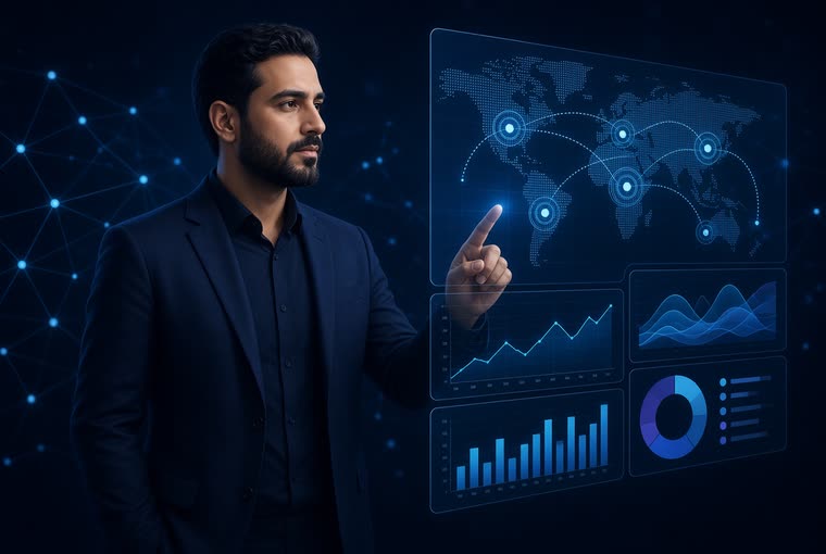 A man facing an advertising dashboard showing target regions and performance charts
