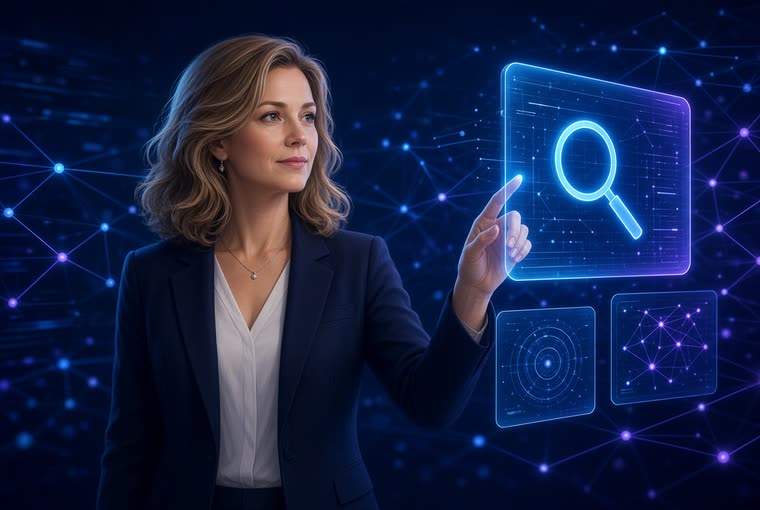 A woman reaching into a floating search interface against a glowing data network