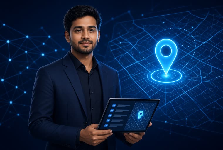 A man holding a tablet beside a map with a glowing location pin