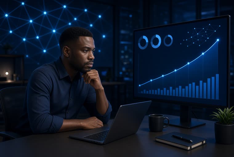 A man at his desk watching a rising search traffic curve on screen