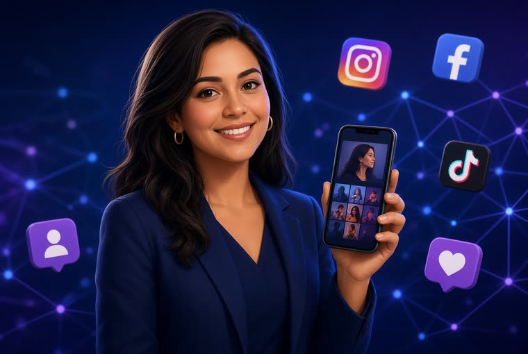 A woman holding up a phone surrounded by Instagram, Facebook and TikTok icons