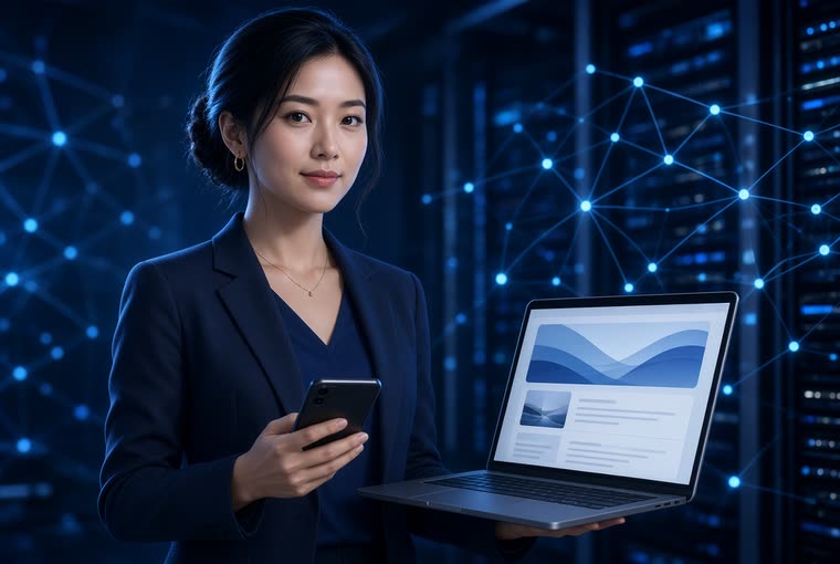A professional holding a phone beside a laptop showing a finished business website
