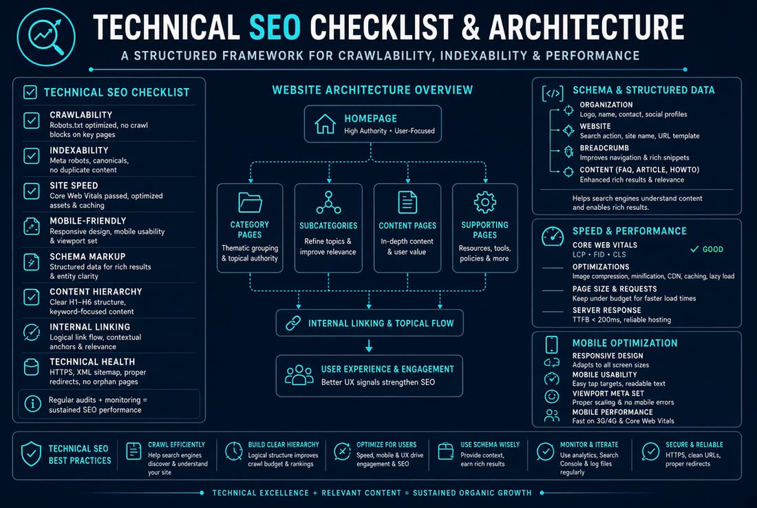 Technical SEO checklist and site architecture diagram