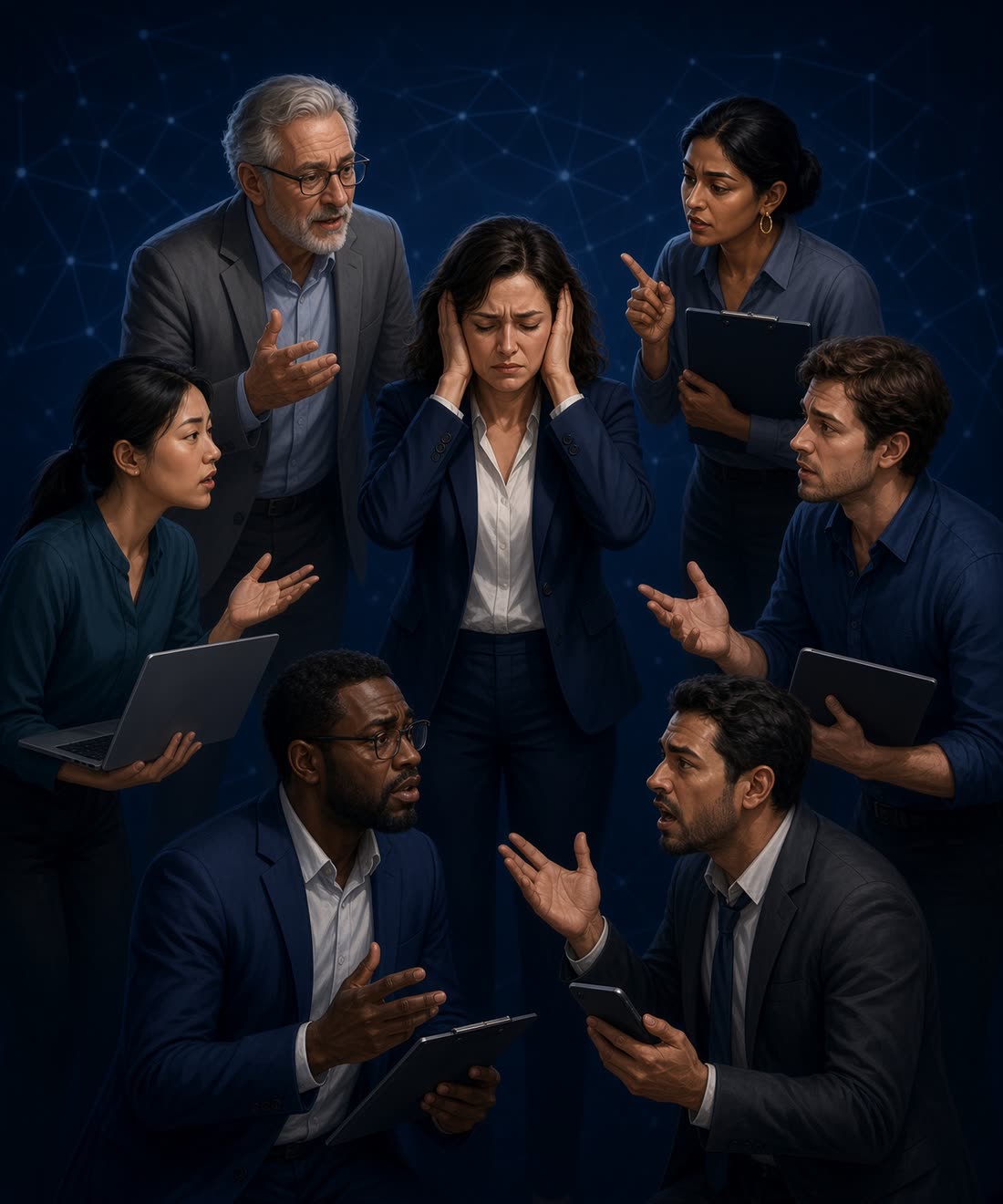 A business owner surrounded by six vendors all talking at once, covering her ears