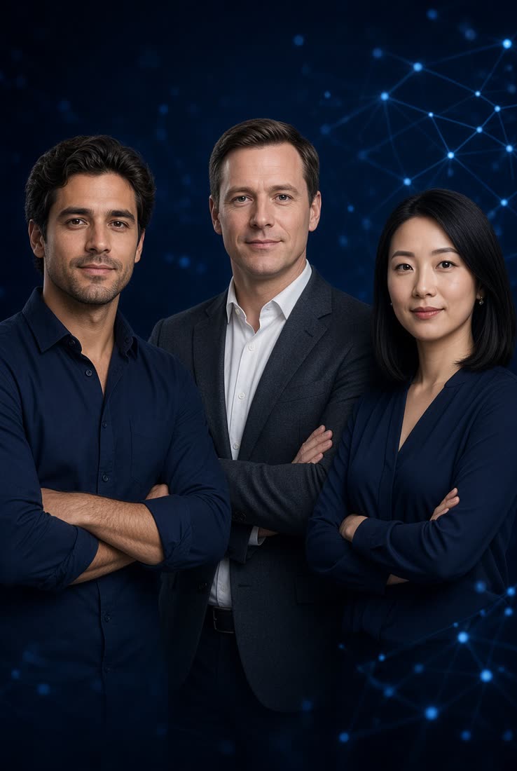 Three professionals from different backgrounds standing side by side with arms folded, against a deep blue data network