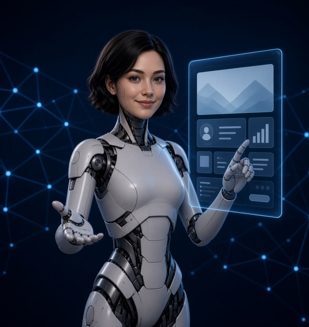 A humanoid robot pointing at a floating website layout, like a salesperson who never clocks off