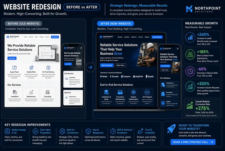 Website redesign comparison showing an outdated layout beside a modern one